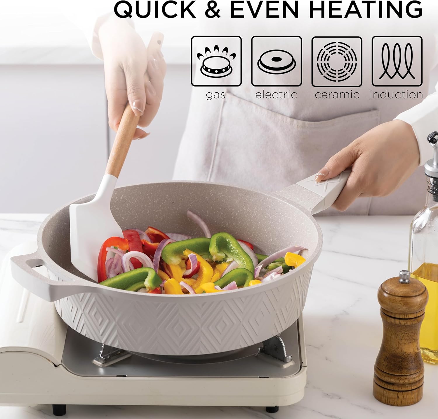 Country Kitchen Non-Stick Cast Aluminum Cookware Set - Durable Kitchen Cookware for Everyday Cooking, Cream, 13 Pc.