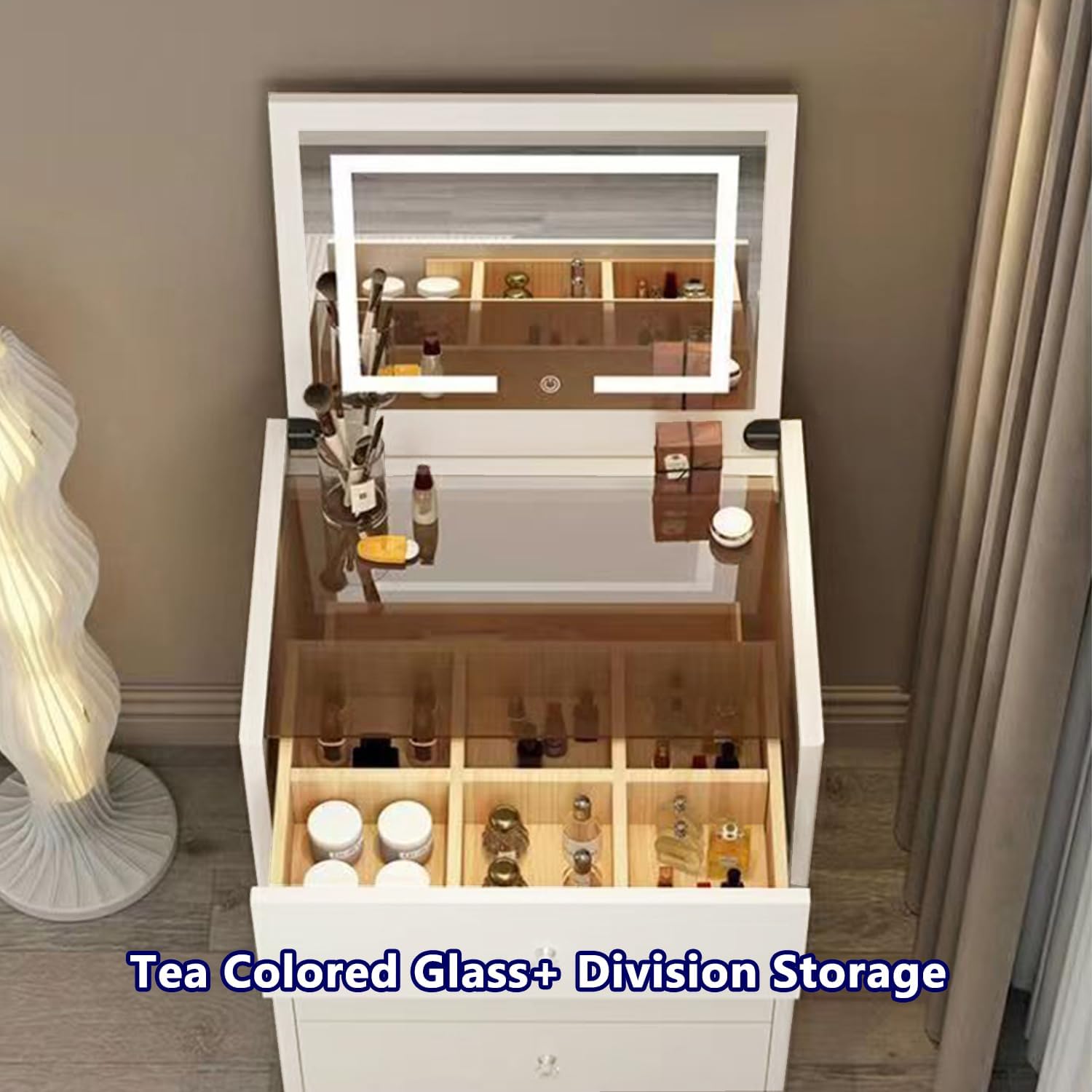 Integrated mini vanity with mirror, no installation required.