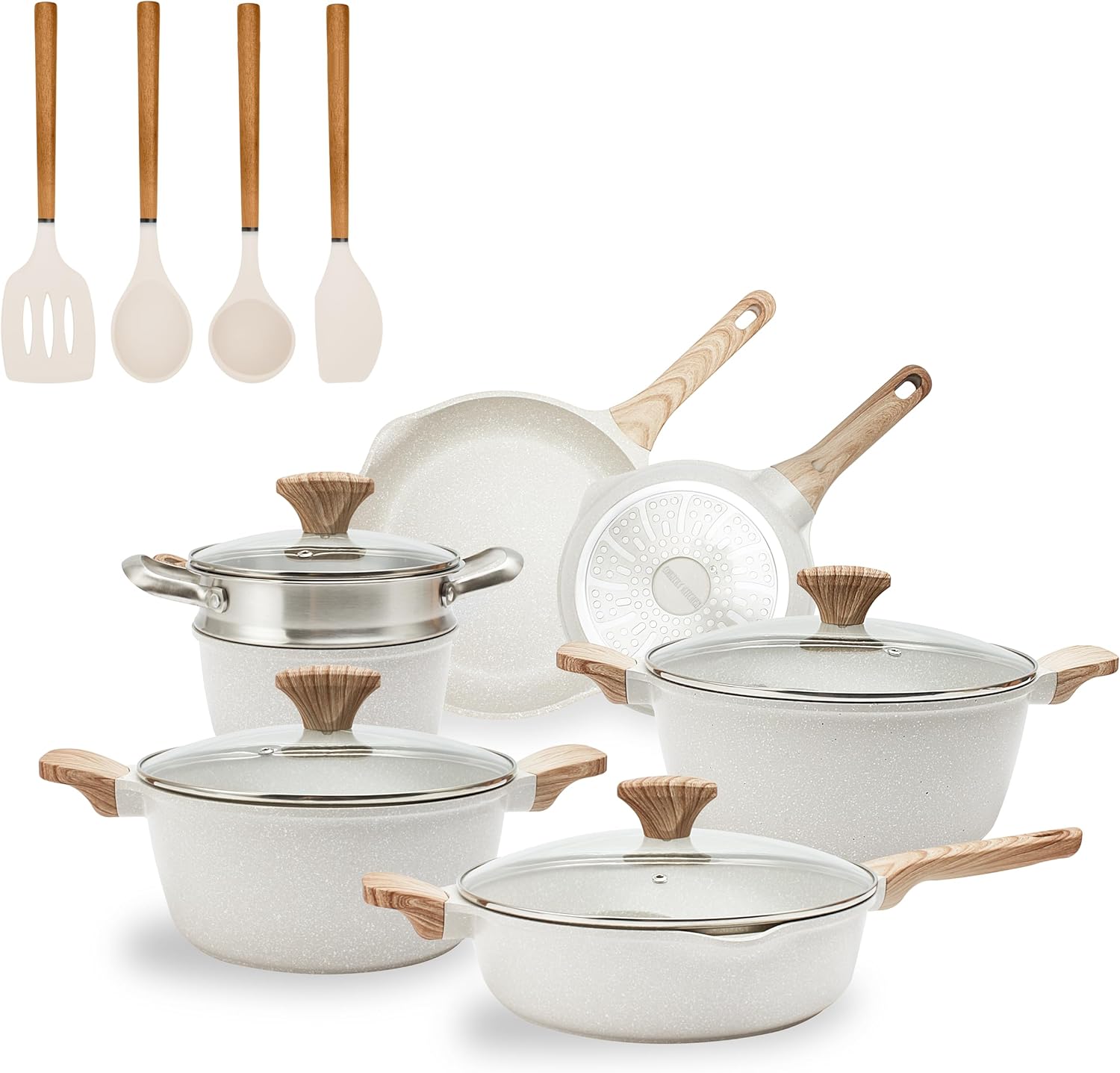 Country Kitchen Non-Stick Cast Aluminum Cookware Set - Durable Kitchen Cookware for Everyday Cooking, Cream, 13 Pc.