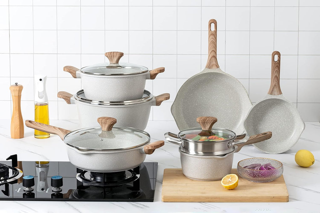 Country Kitchen Non-Stick Cast Aluminum Cookware Set - Durable Kitchen Cookware for Everyday Cooking, Cream, 13 Pc.