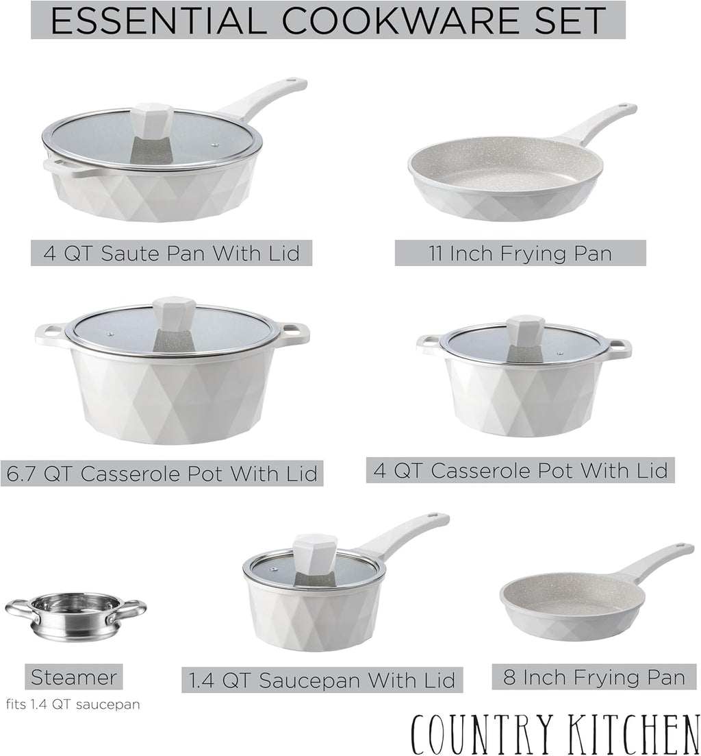 Country Kitchen Non-Stick Cast Aluminum Cookware Set - Durable Kitchen Cookware for Everyday Cooking, Cream, 13 Pc.