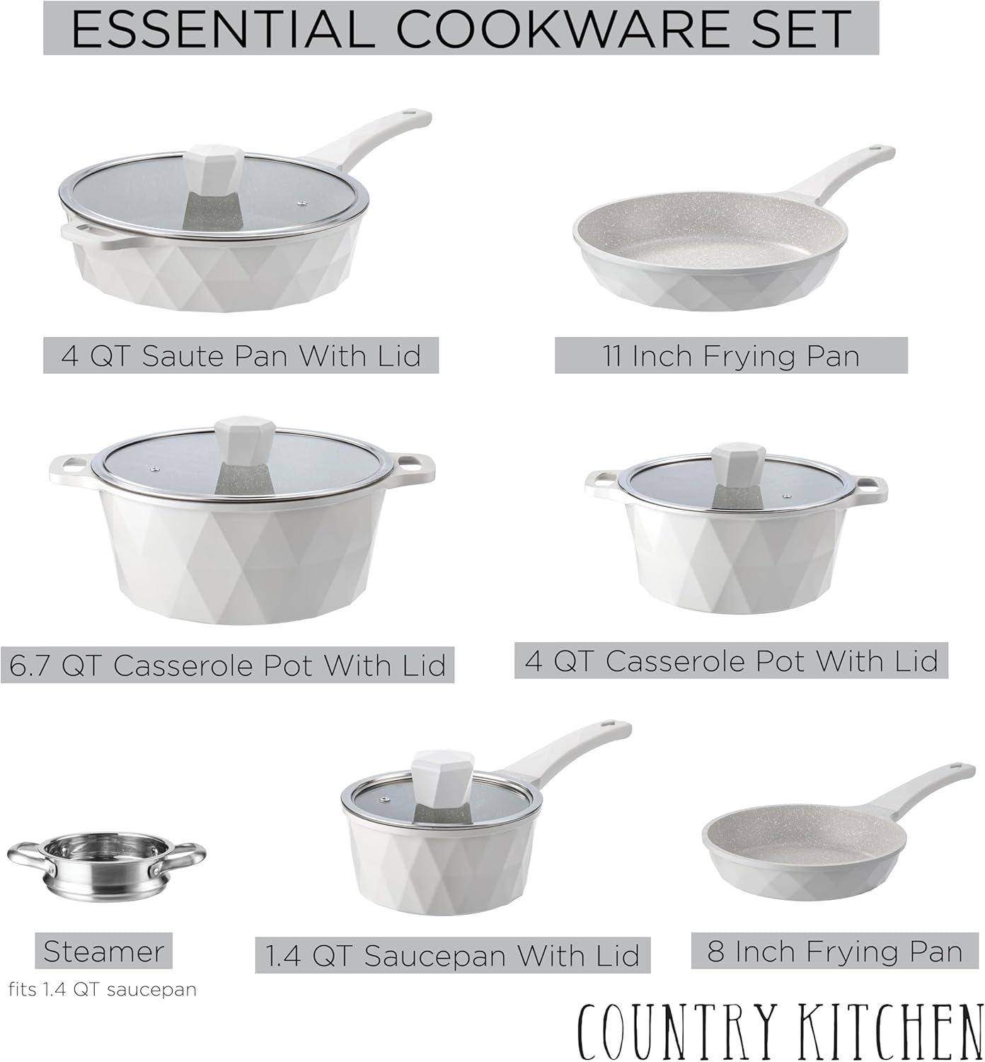 Country Kitchen Non-Stick Cast Aluminum Cookware Set - Durable Kitchen Cookware for Everyday Cooking, Cream, 13 Pc.
