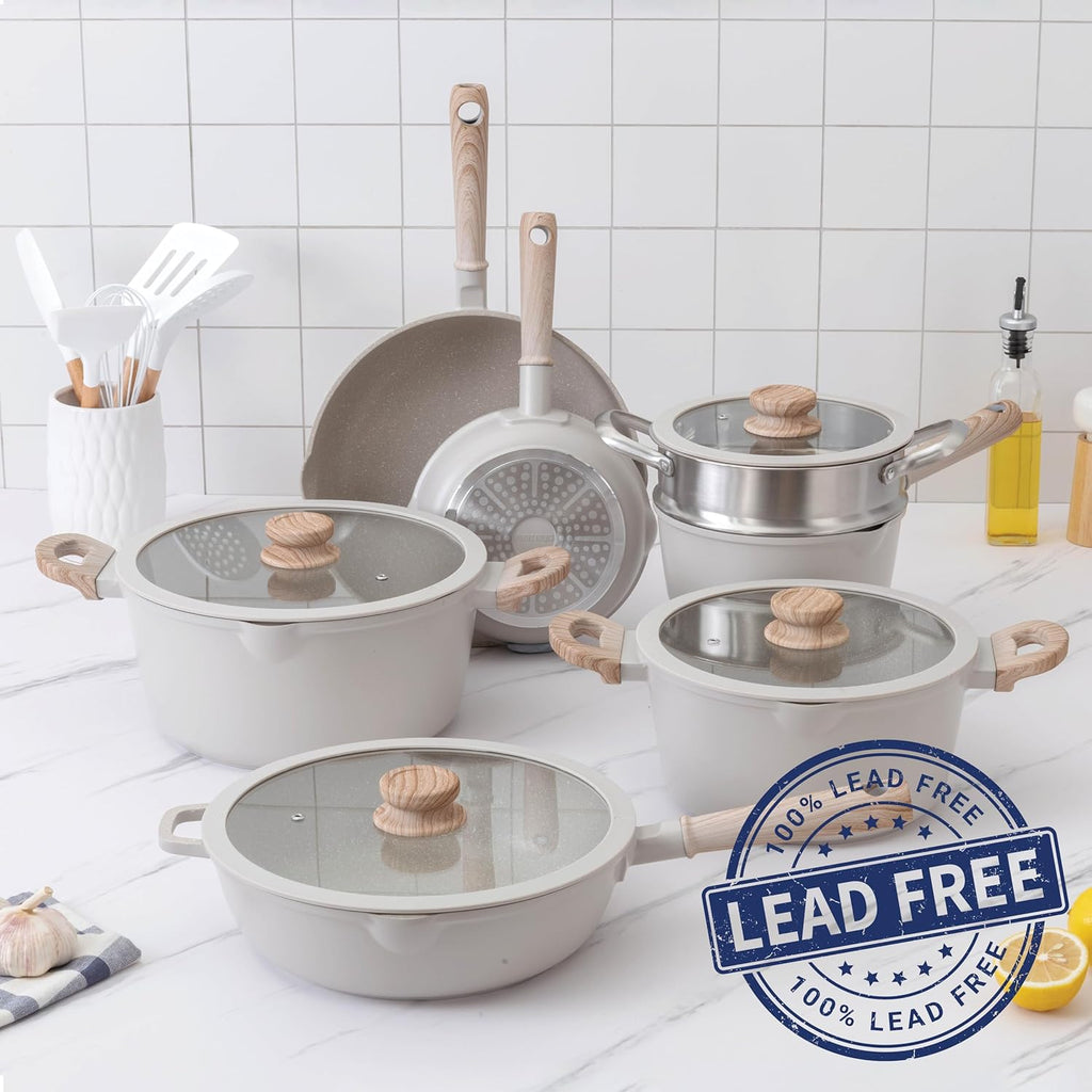 Country Kitchen Non-Stick Cast Aluminum Cookware Set - Durable Kitchen Cookware for Everyday Cooking, Cream, 13 Pc.