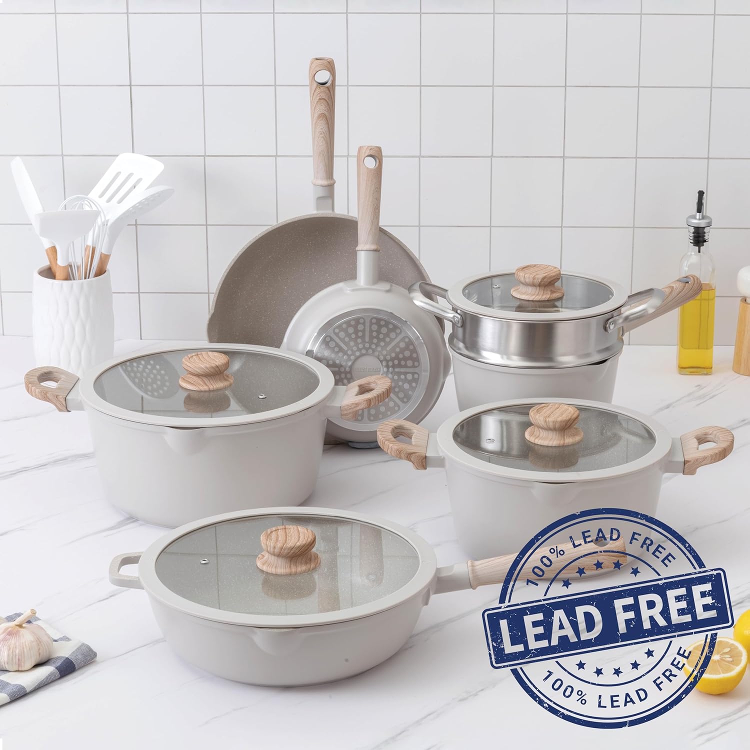 Country Kitchen Non-Stick Cast Aluminum Cookware Set - Durable Kitchen Cookware for Everyday Cooking, Cream, 13 Pc.