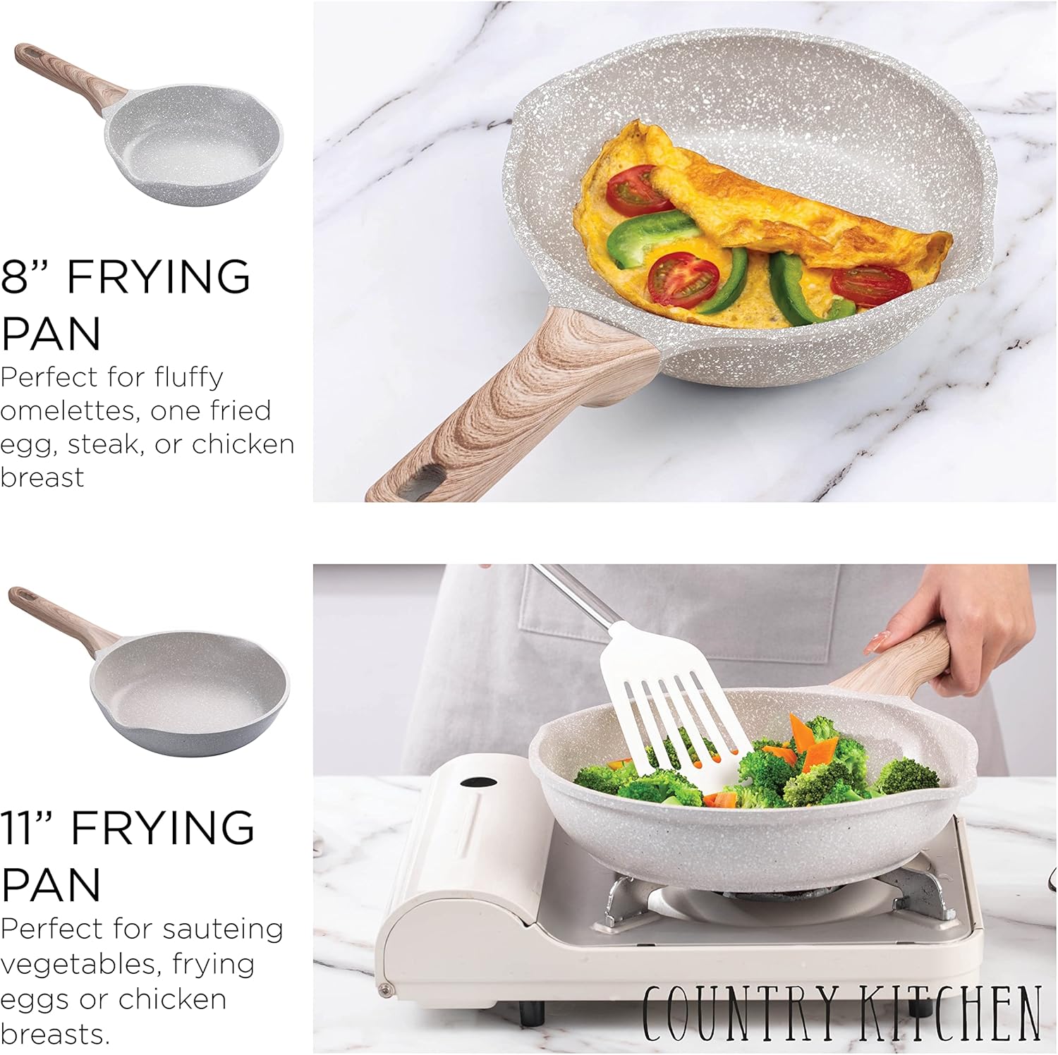 Country Kitchen Non-Stick Cast Aluminum Cookware Set - Durable Kitchen Cookware for Everyday Cooking, Cream, 13 Pc.