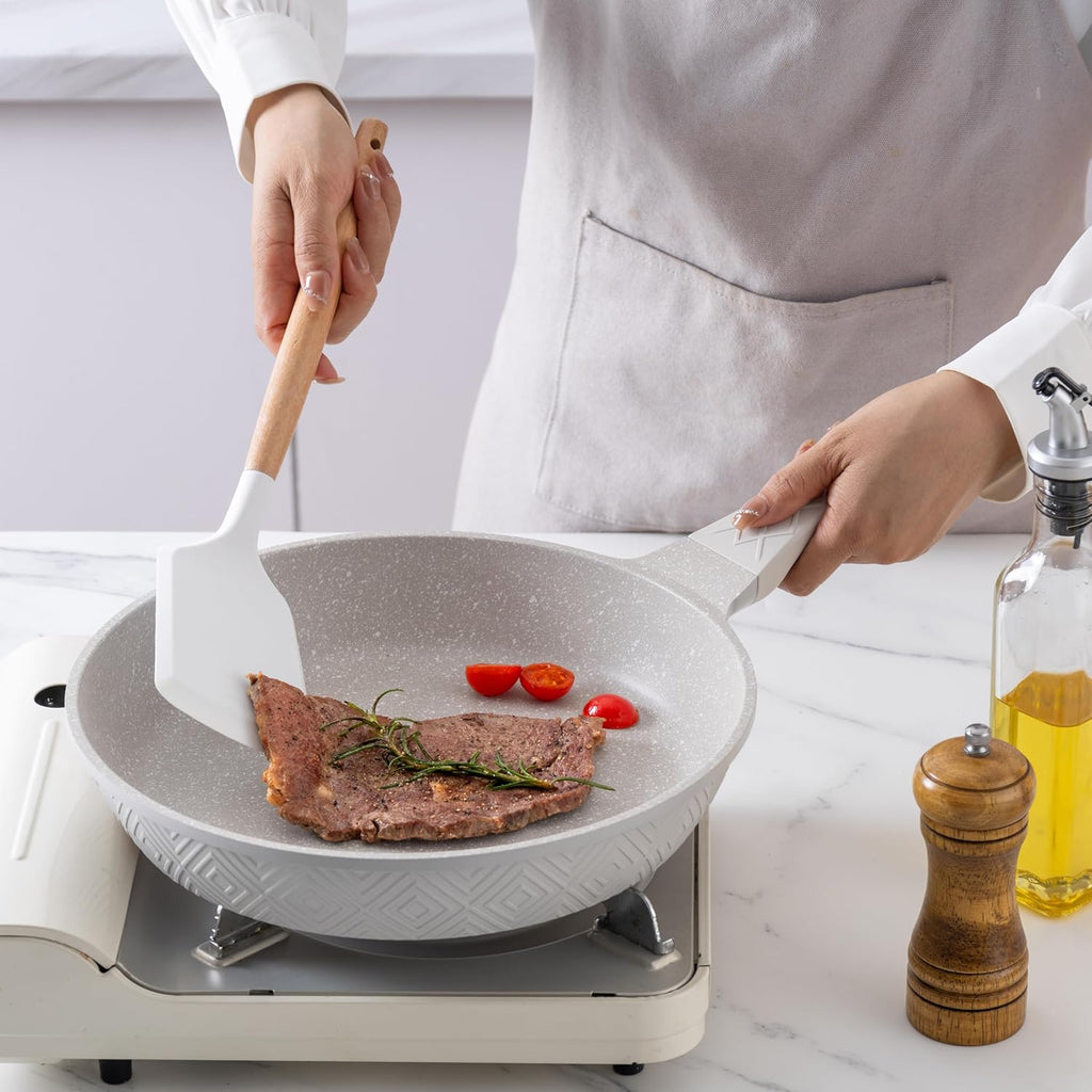 Country Kitchen Non-Stick Cast Aluminum Cookware Set - Durable Kitchen Cookware for Everyday Cooking, Cream, 13 Pc.