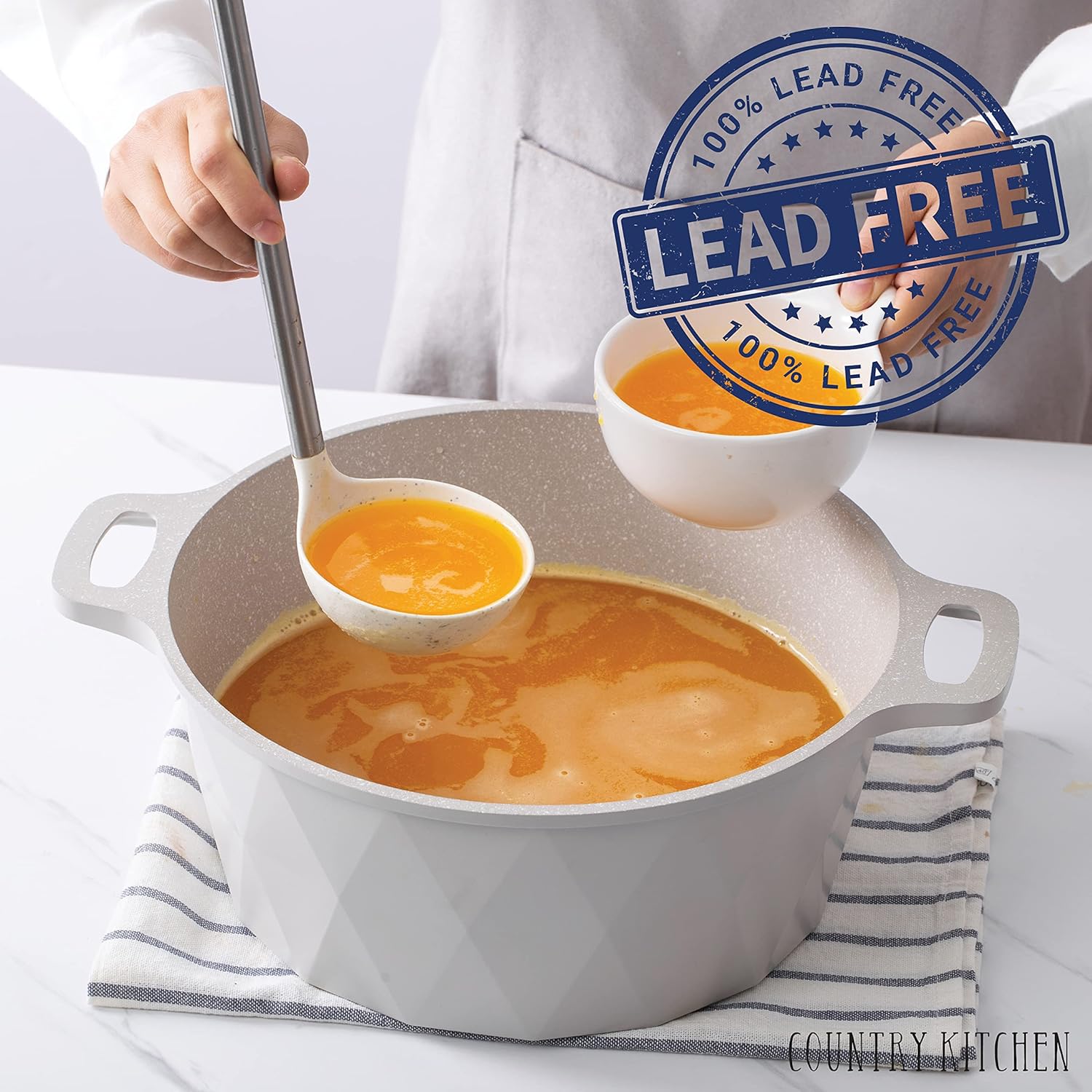 Country Kitchen Non-Stick Cast Aluminum Cookware Set - Durable Kitchen Cookware for Everyday Cooking, Cream, 13 Pc.