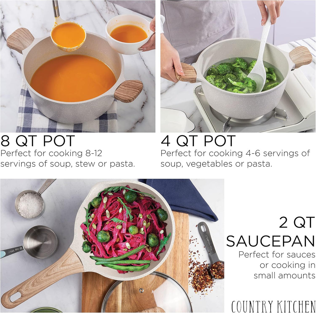 Country Kitchen Non-Stick Cast Aluminum Cookware Set - Durable Kitchen Cookware for Everyday Cooking, Cream, 13 Pc.