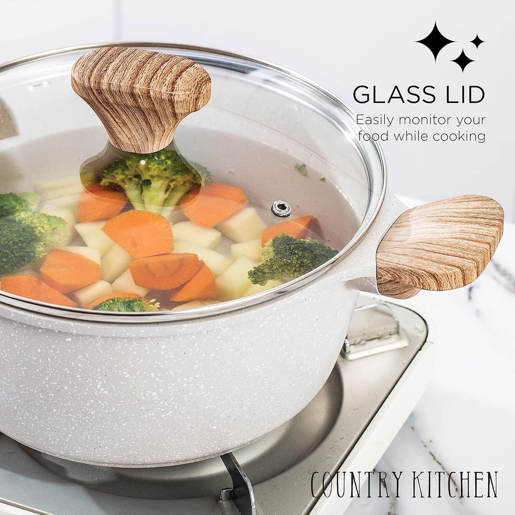 Country Kitchen Non-Stick Cast Aluminum Cookware Set - Durable Kitchen Cookware for Everyday Cooking, Cream, 13 Pc.