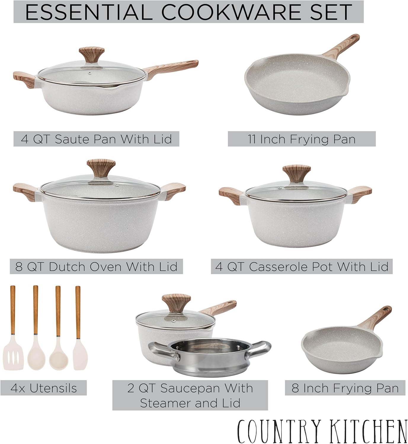 Country Kitchen Non-Stick Cast Aluminum Cookware Set - Durable Kitchen Cookware for Everyday Cooking, Cream, 13 Pc.