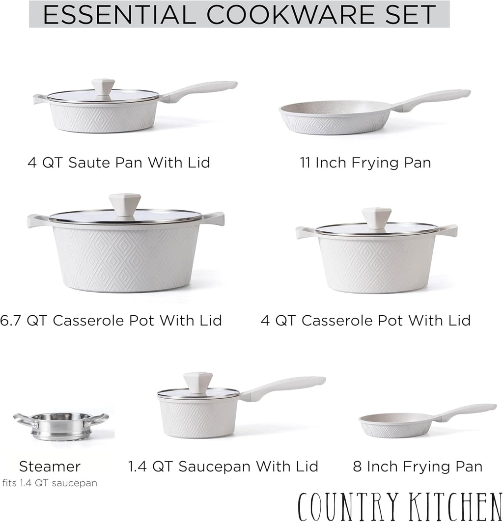 Country Kitchen Non-Stick Cast Aluminum Cookware Set - Durable Kitchen Cookware for Everyday Cooking, Cream, 13 Pc.