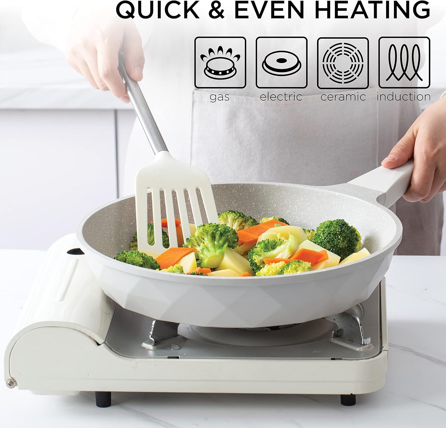 Country Kitchen Non-Stick Cast Aluminum Cookware Set - Durable Kitchen Cookware for Everyday Cooking, Cream, 13 Pc.