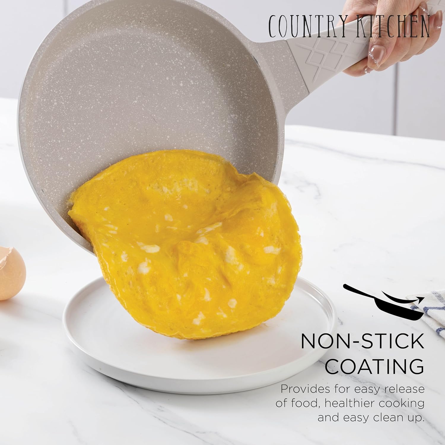 Country Kitchen Non-Stick Cast Aluminum Cookware Set - Durable Kitchen Cookware for Everyday Cooking, Cream, 13 Pc.