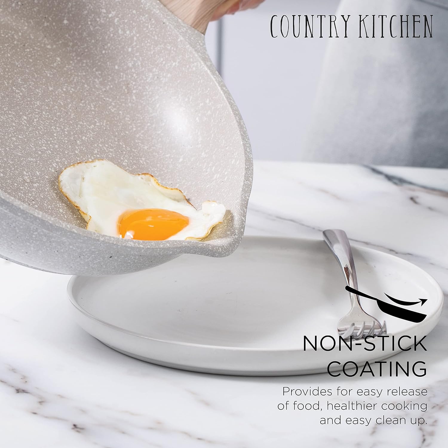 Country Kitchen Non-Stick Cast Aluminum Cookware Set - Durable Kitchen Cookware for Everyday Cooking, Cream, 13 Pc.