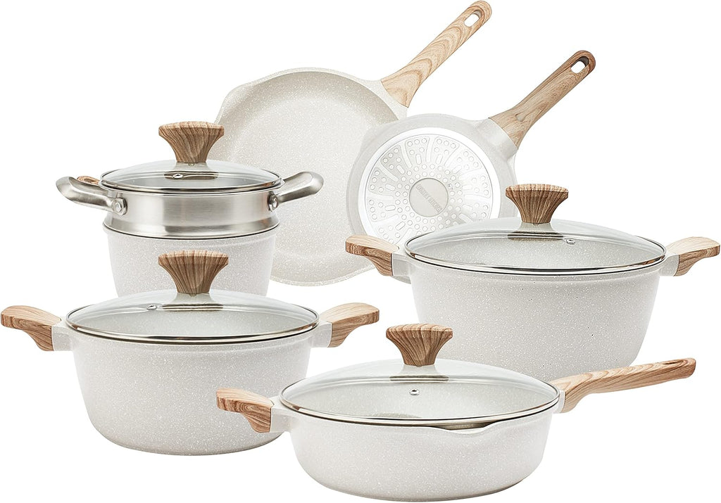 Country Kitchen Non-Stick Cast Aluminum Cookware Set - Durable Kitchen Cookware for Everyday Cooking, Cream, 13 Pc.