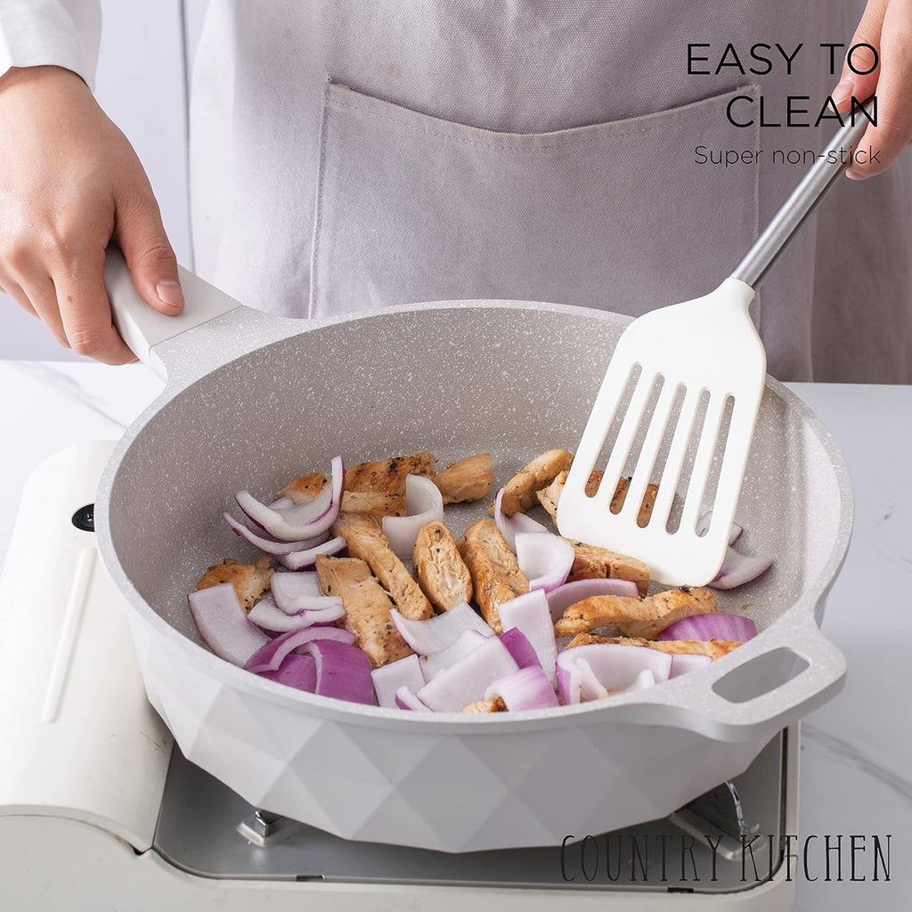 Country Kitchen Non-Stick Cast Aluminum Cookware Set - Durable Kitchen Cookware for Everyday Cooking, Cream, 13 Pc.