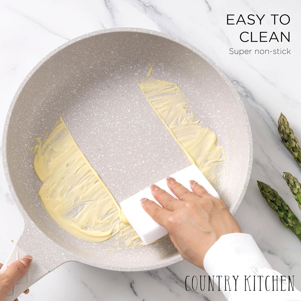 Country Kitchen Non-Stick Cast Aluminum Cookware Set - Durable Kitchen Cookware for Everyday Cooking, Cream, 13 Pc.