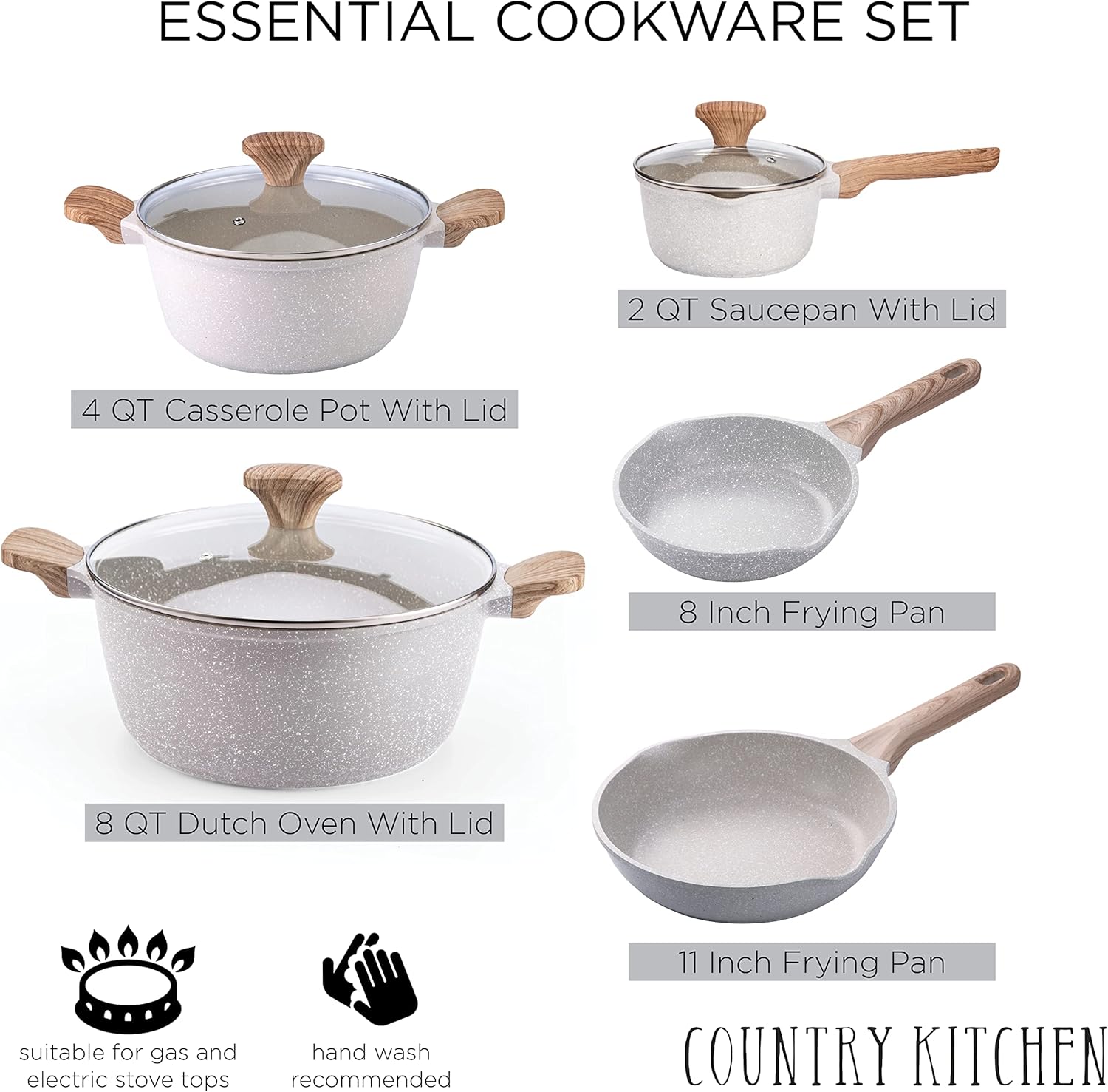 Country Kitchen Non-Stick Cast Aluminum Cookware Set - Durable Kitchen Cookware for Everyday Cooking, Cream, 13 Pc.