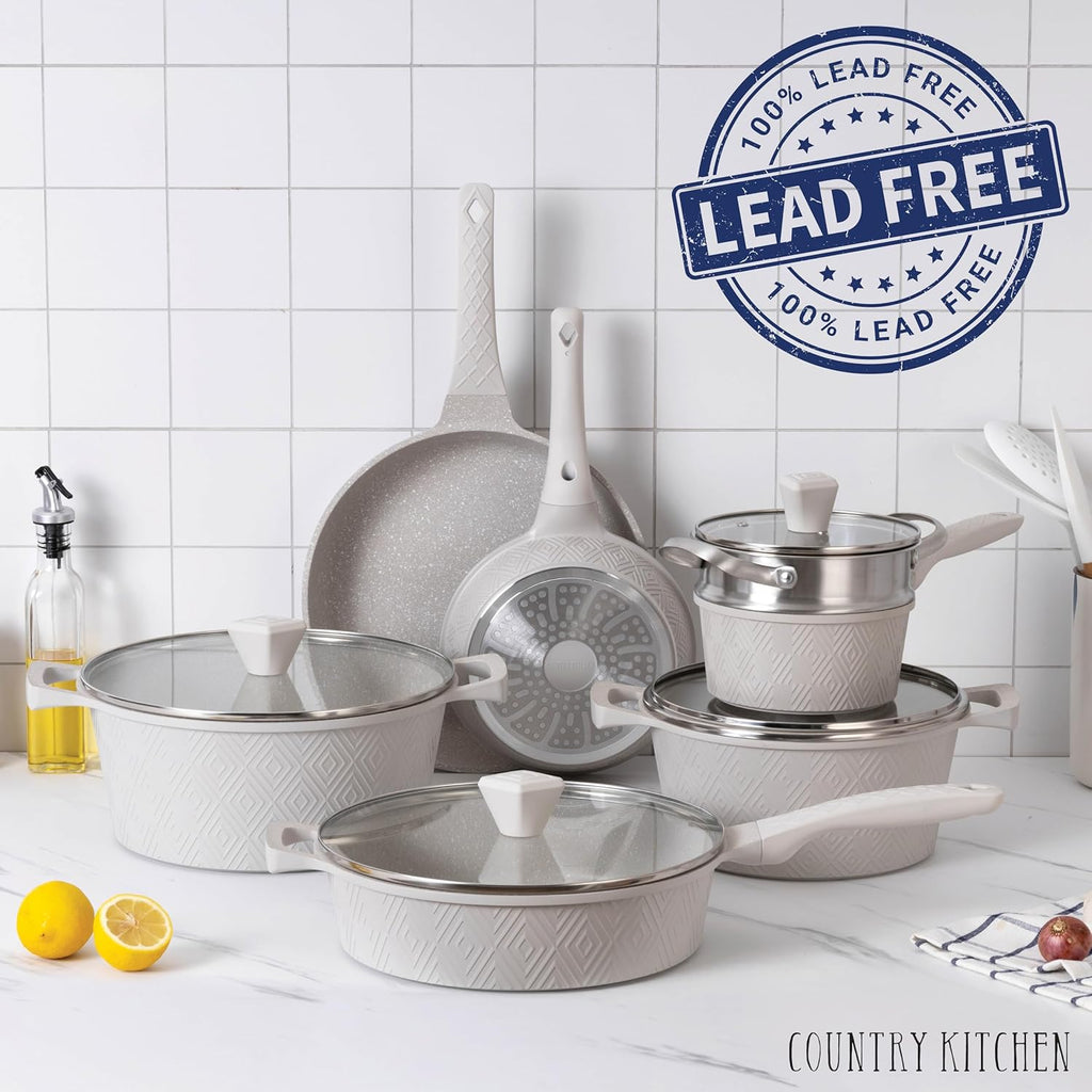 Country Kitchen Non-Stick Cast Aluminum Cookware Set - Durable Kitchen Cookware for Everyday Cooking, Cream, 13 Pc.