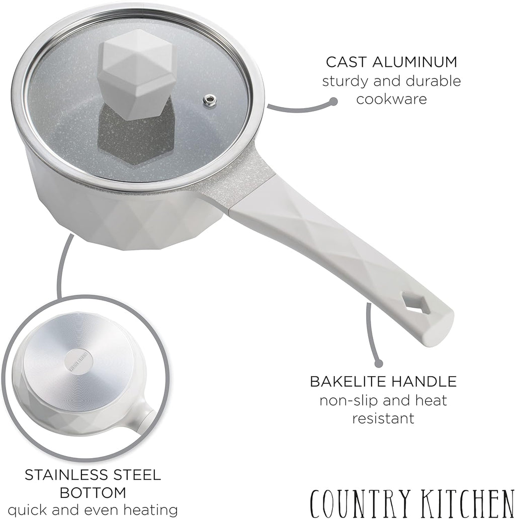 Country Kitchen Non-Stick Cast Aluminum Cookware Set - Durable Kitchen Cookware for Everyday Cooking, Cream, 13 Pc.